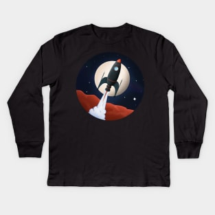 Black Rocket ship launching in space Kids Long Sleeve T-Shirt